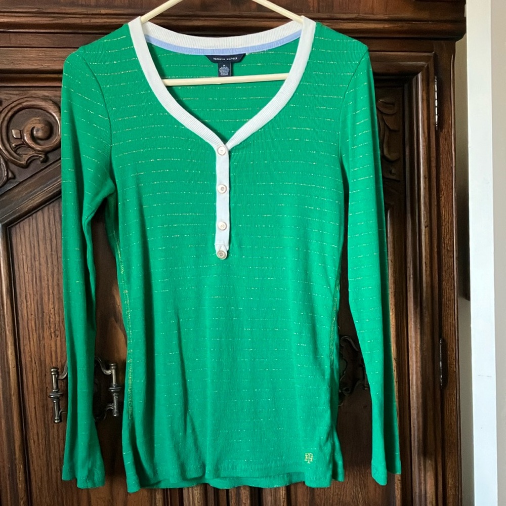 Tommy Hilfiger Green V-Neck Fitted Blouse